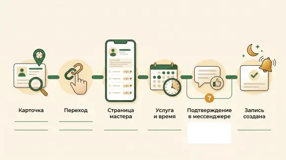 Путь клиента от карточки в справочнике до подтверждения записи в мессенджере.