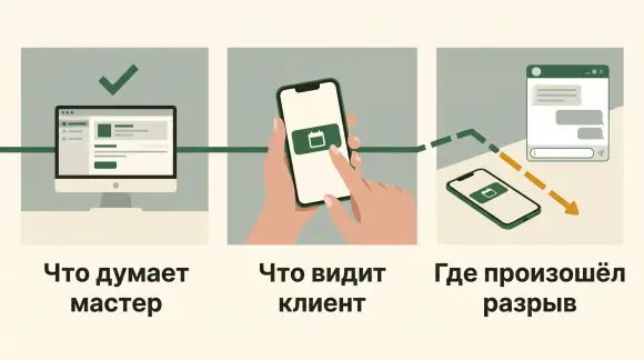 Разрыв клиентского пути: что думает мастер, что видит клиент и где путь обрывается.