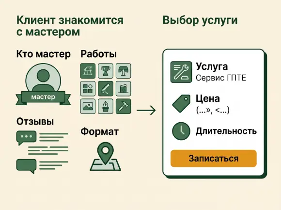 Переход от доверия к мастеру к выбору услуги с ценой и длительностью.