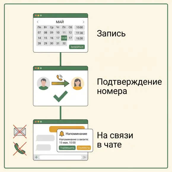 Три ступени: запись, подтверждение номера в мессенджере, чат с напоминаниями и переносом.