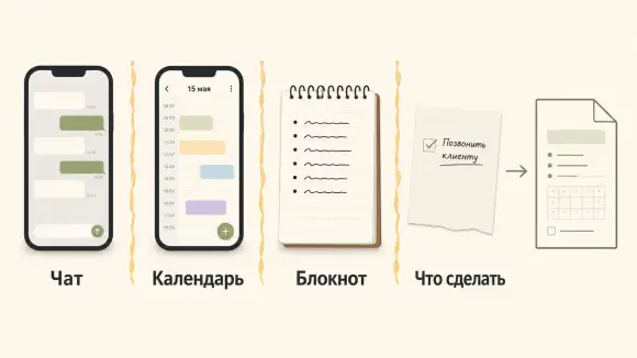 Четыре кучи записи: чат, календарь телефона, блокнот и отдельная пометка о следующем действии.