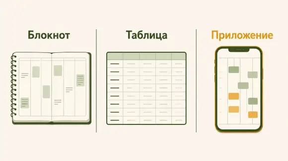 Три способа вести запись: блокнот, таблица и приложение, выбранные по разрыву цикла, не по списку функций.