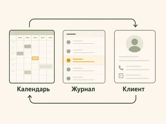 Календарь, журнал записей и карточка клиента как три части одного рабочего места.