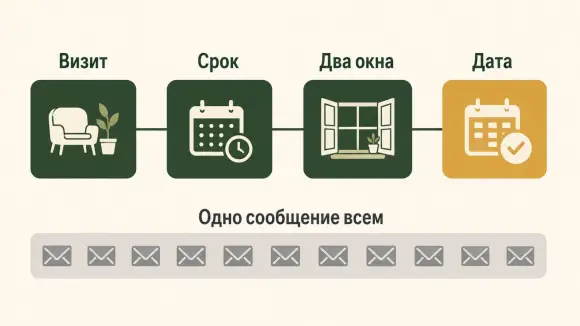 Цепочка от конца визита к следующей дате против одинакового сообщения всей базе.