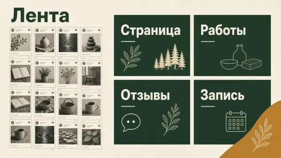 Слева лента публикаций без адреса, справа четыре актива: страница, работы, отзывы, запись.