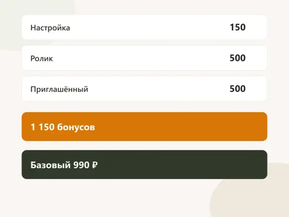 1 150 бонусов закрывают Базовый 990 ₽: настройка 150, ролик 500, приглашённый 500.
