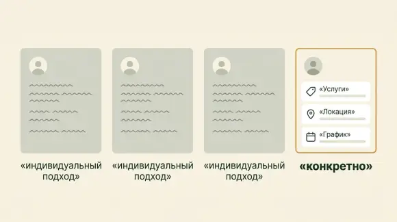 Несколько одинаковых анкет мастеров с общими словами и одна анкета с конкретными строками комментарий: визуальный якорь проблемы, широкая Несколько одинаковых анкет мастеров с общими словами и одна анкета с конкретными строками комментарий: визуальный якорь проблемы, широкая
