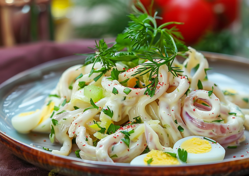 Салат с кальмарами, яйцом и сыром