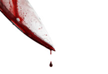 Close-upOfManHoldingKnifeSmearedWithBloodAndStill