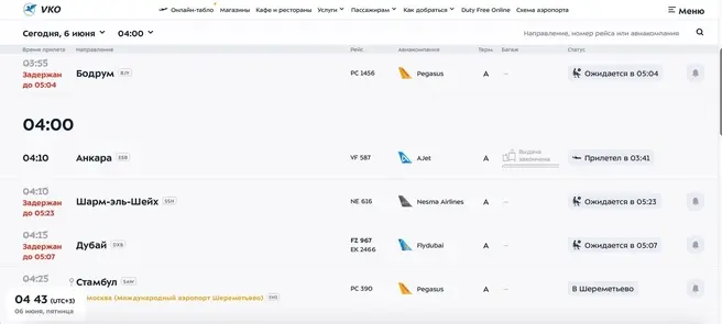 Согласно онлайн-табло, в аэропорту уже фиксируются задержки рейсов | Источник: vnukovo.ru