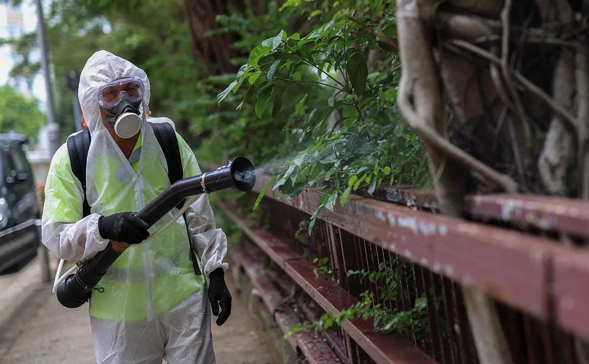 Рабочий распыляет инсектицид в после сообщений о вспышке лихорадки чикунгунья в Гонконге, Китай, 7 августа 2025 года (Tyrone Siu / Reuters)