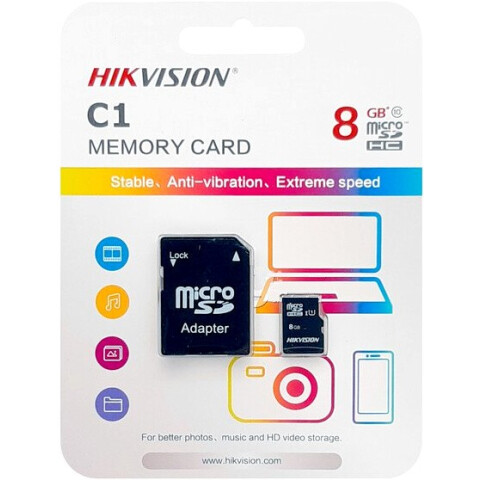 Карта памяти 8Gb MicroSD Hikvision C1 + SD адаптер (HS-TF-C1/8G)