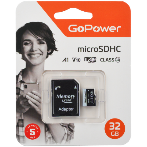 Карта памяти 32Gb MicroSD GoPower + SD адаптер (00-00025675)