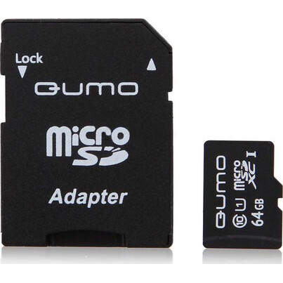 Карта памяти 64Gb MicroSD QUMO + SD адаптер (QM64GMICSDXC10U1)