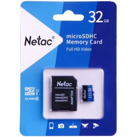 Карта памяти 32Gb MicroSD Netac P500 + SD адаптер (NT02P500STN-032G-R)
