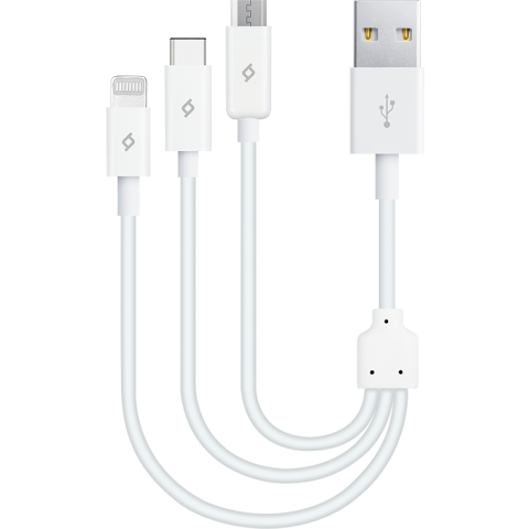 Кабель USB - microUSB/USB Type-C/Lightning, 0.3м, ttec 2DK13 White