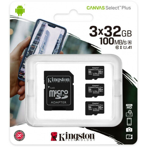 Карта памяти 32Gb MicroSD Kingston Canvas Select Plus + SD адаптер (SDCS2/32GB-3P1A)