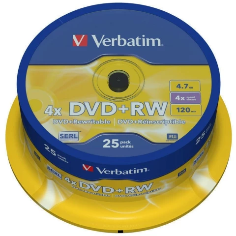 Диск DVD+RW Verbatim 4.7Gb 4x Cake Box (25шт) (43489)