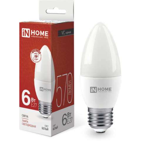 Светодиодная лампочка IN HOME LED-СВЕЧА-VC (6 Вт, Е27) 4000K