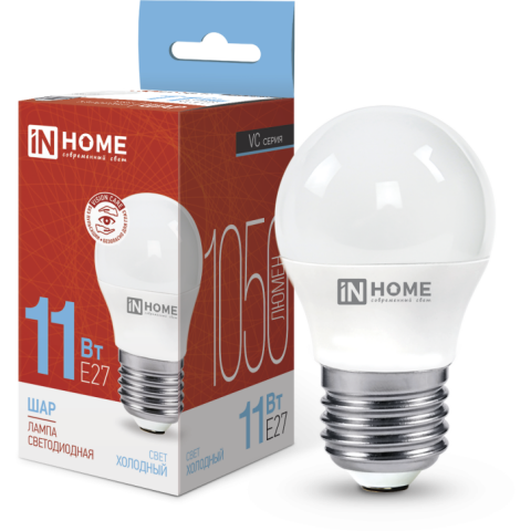 Светодиодная лампочка IN HOME LED-ШАР-VC (11 Вт, E27) 6500K