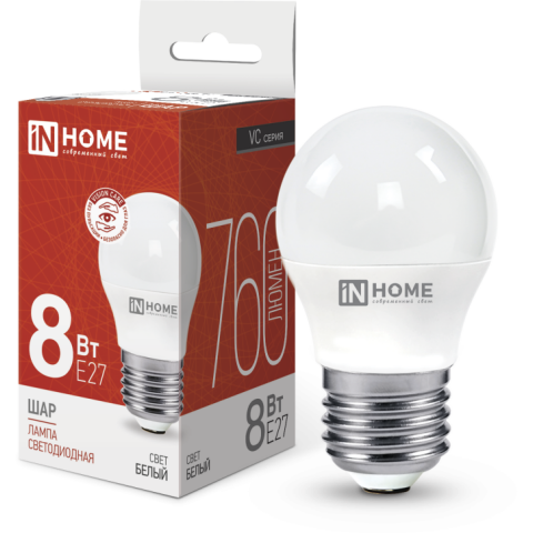 Светодиодная лампочка IN HOME LED-ШАР-VC (8 Вт, E27) 4000K