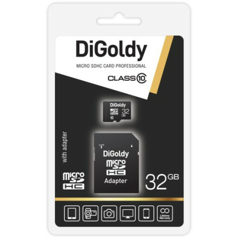 Карта памяти 32Gb MicroSD Digoldy + SD адаптер (DG032GCSDHC10-AD)