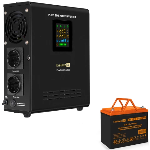 ИБП + батарея ExeGate FineSine SX-800.LCD.AVR.2SH + HRL 12-75 (75Ач)