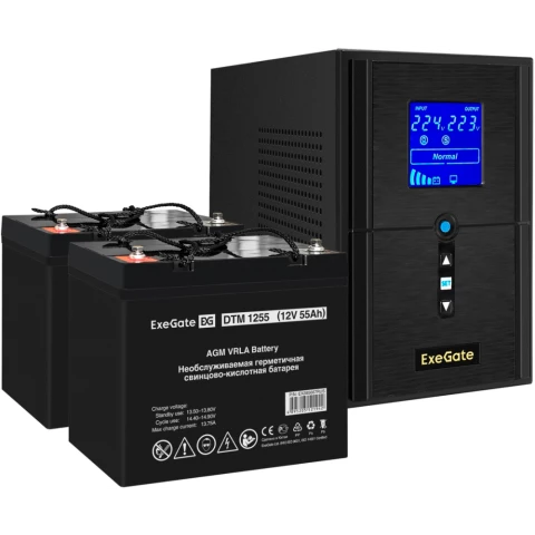 ИБП + батарея ExeGate SineTower SZ-1500.LCD.AVR.2SH.1C13.USB + 2x DTM 1255 (55Ач)