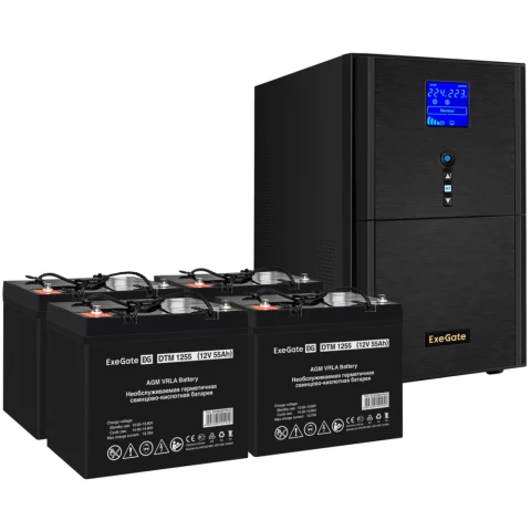 ИБП + батарея ExeGate SineTower SZ-3000.LCD.AVR.3SH.1C13.RJ.USB + 4x DTM 1255 (55Ач)