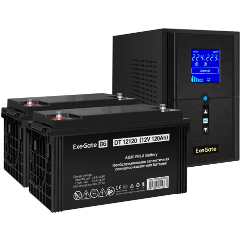 ИБП + батарея ExeGate SineTower SZ-1000.LCD.AVR.2SH.1C13.USB + 2x DT 12120 (120Ач)