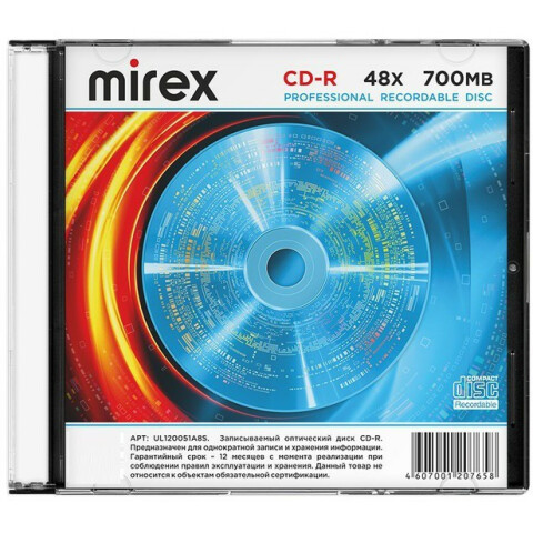 Диск CD-R Mirex 700Mb 48x Slim Case (1шт)
