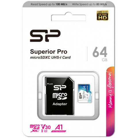 Карта памяти 64Gb MicroSD Silicon Power Superior Pro + SD адаптер (SP064GBSTXDU3V20AB)