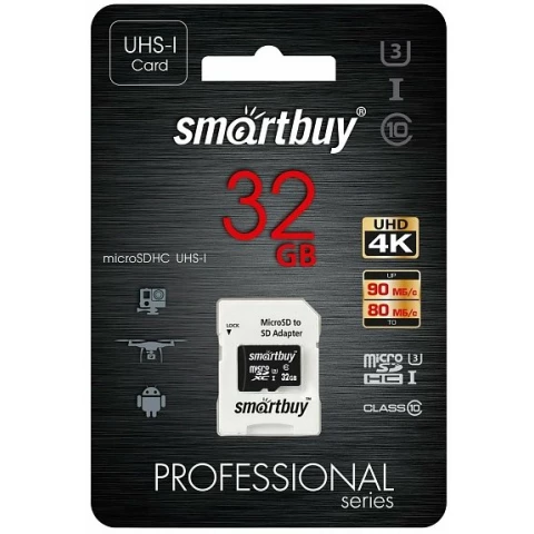 Карта памяти 32Gb MicroSD SmartBuy Professional + SD адаптер (SB32GBSDCL10U3-01)