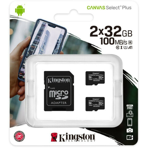 Карта памяти 32Gb MicroSD Kingston Canvas Select Plus + SD адаптер (SDCS2/32GB-2P1A)