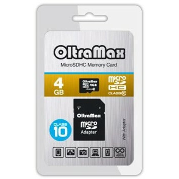 Карта памяти 4Gb MicroSD OltraMax + SD адаптер (OM004GCSDHC10-AD)