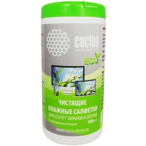 Салфетки Cactus CS-1001PE для экранов и оптики, туба 100шт