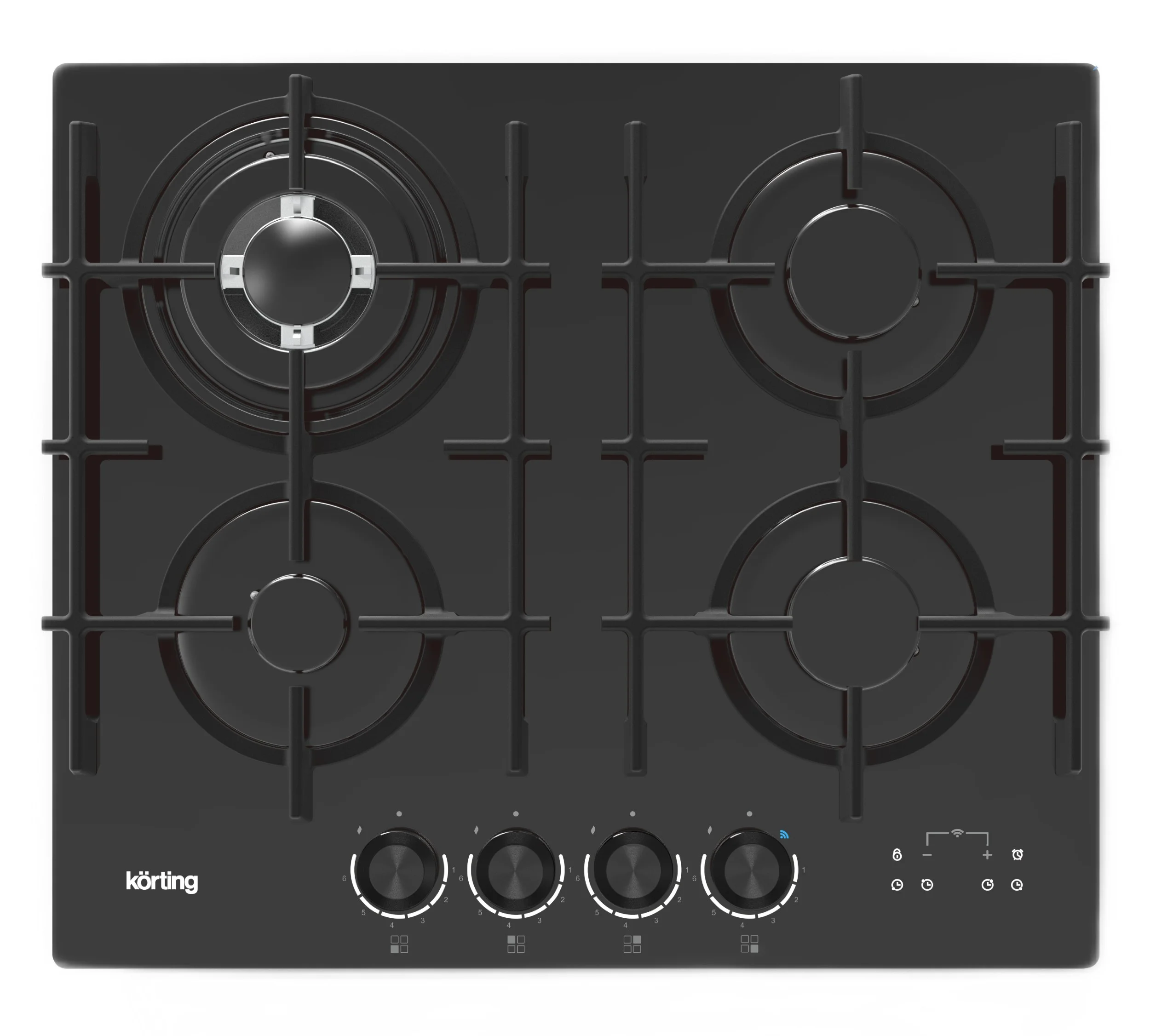 Встраиваемая варочная панель KORTING HGG 6447 ICPTN, газовая, 60 см, 4 конфорки, WOK, газ-контроль, электроподжиг, конфорки SABAF, функция управления