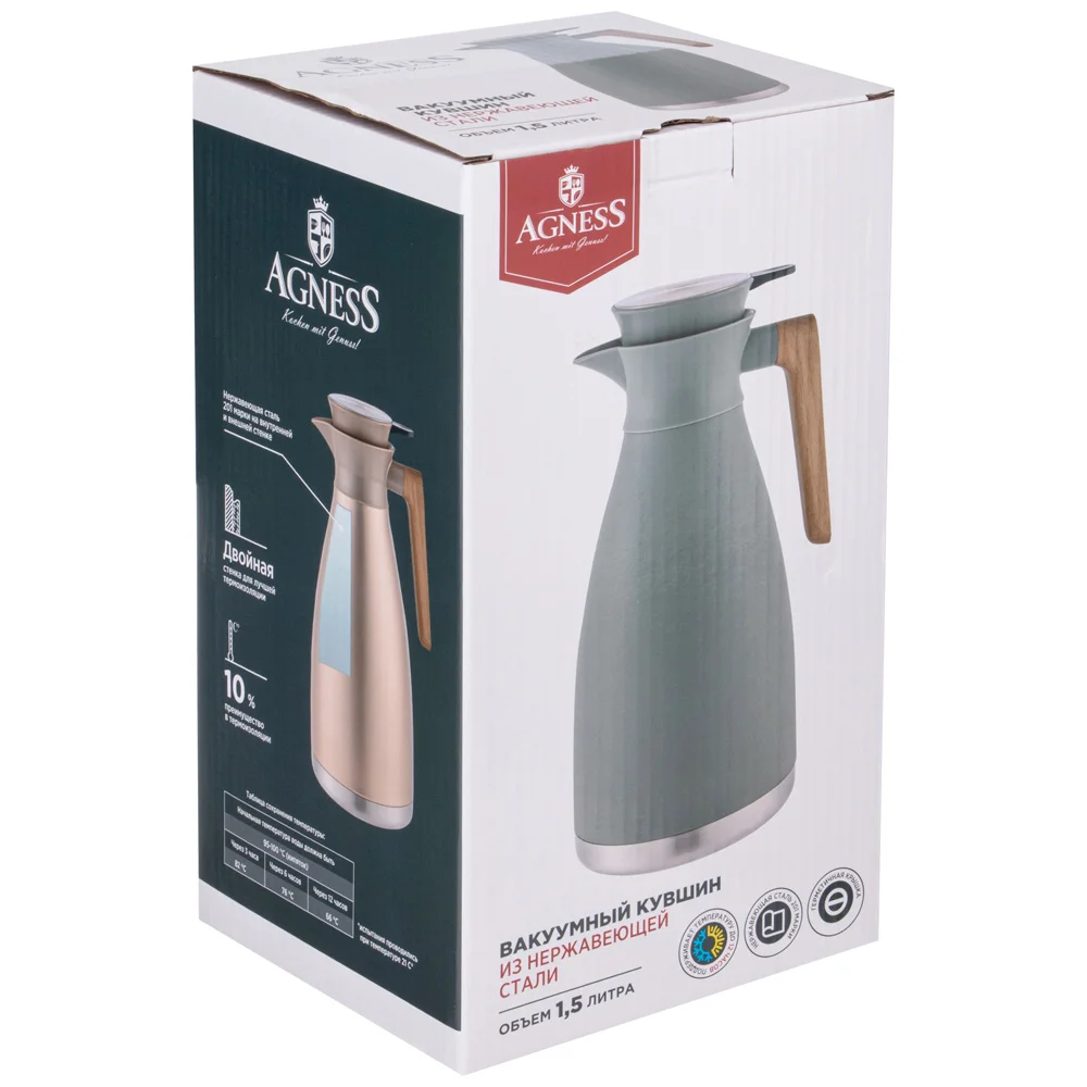 ВАКУУМНЫЙ КУВШИН (ТЕРМОС) AGNESS ИЗ НЕРЖ.СТАЛИ 1,5Л ЦВЕТ СЕРЕБРО