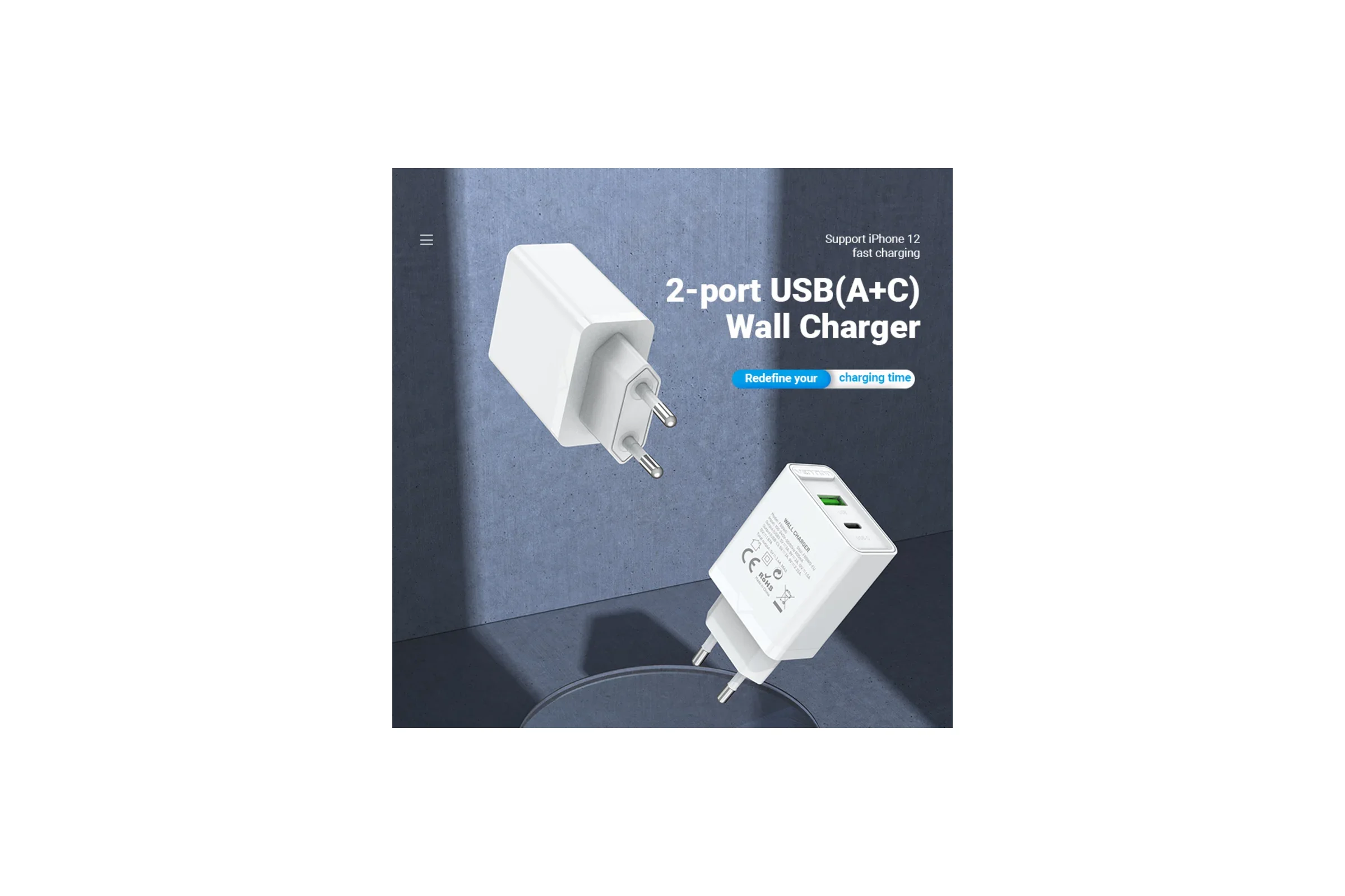 Зарядное устройство Vention на 2 порта USB A+C, QC 4.0, белый (FBBW0-EU)
