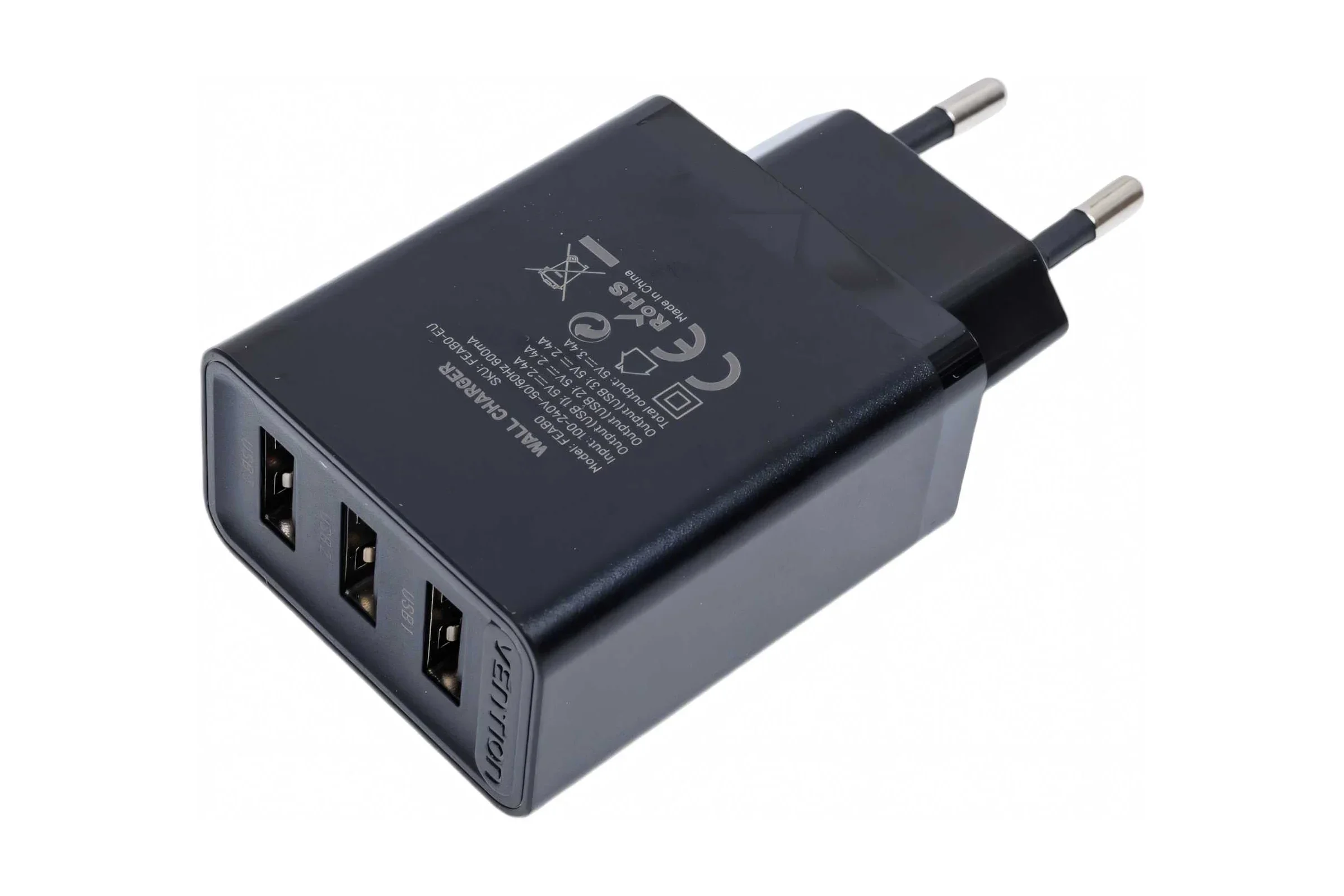 Зарядное устройство Vention на 3 порта USB 2.4A, черный (FEAB0-EU)