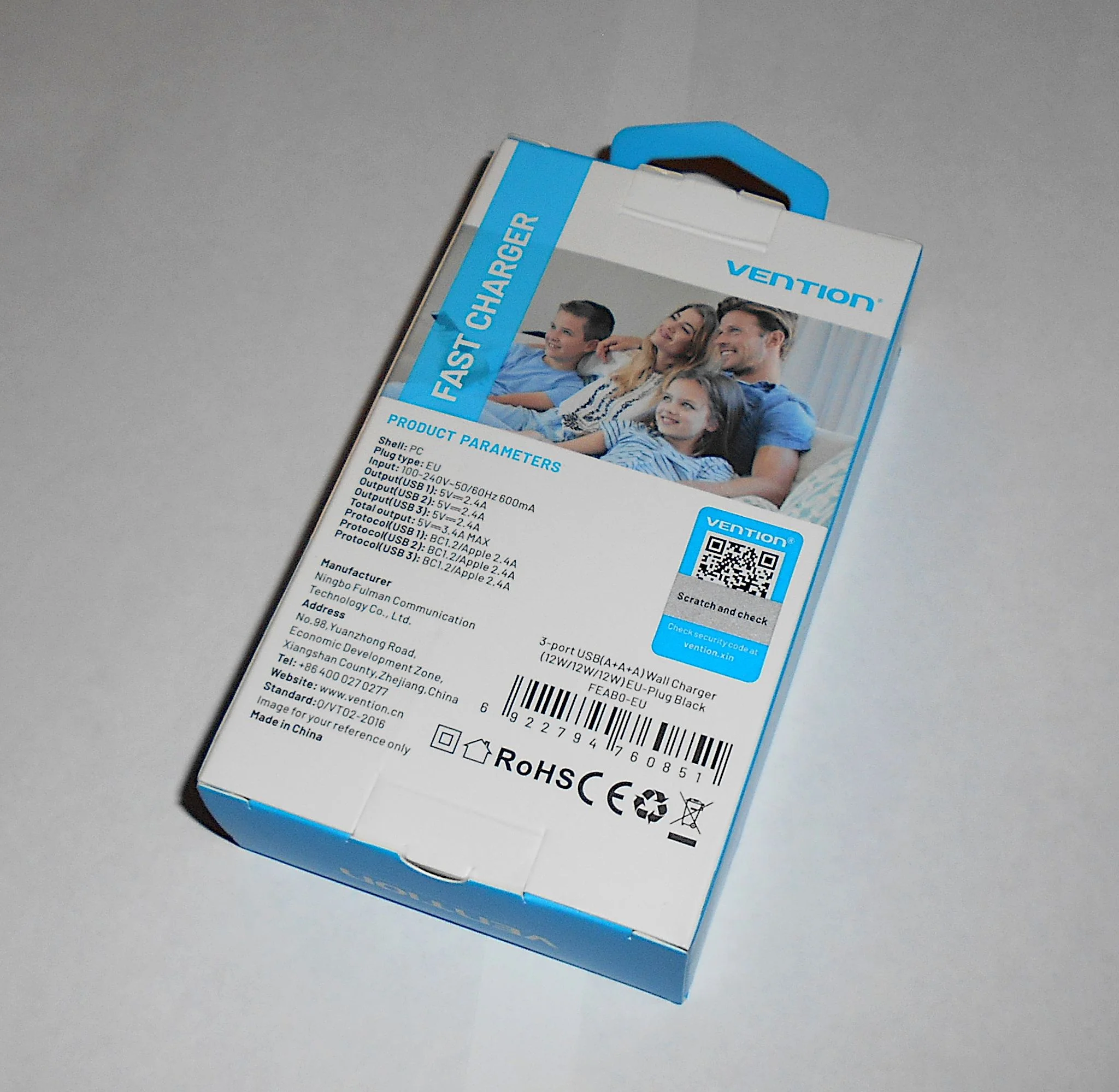 Зарядное устройство Vention на 3 порта USB 2.4A, черный (FEAB0-EU)