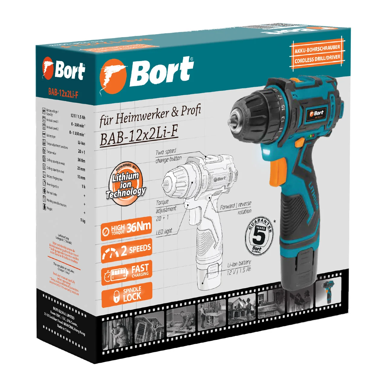Дрель-шуруповерт Bort BAB-12x2Li-F аккум. патрон:быстрозажимной (93413083)