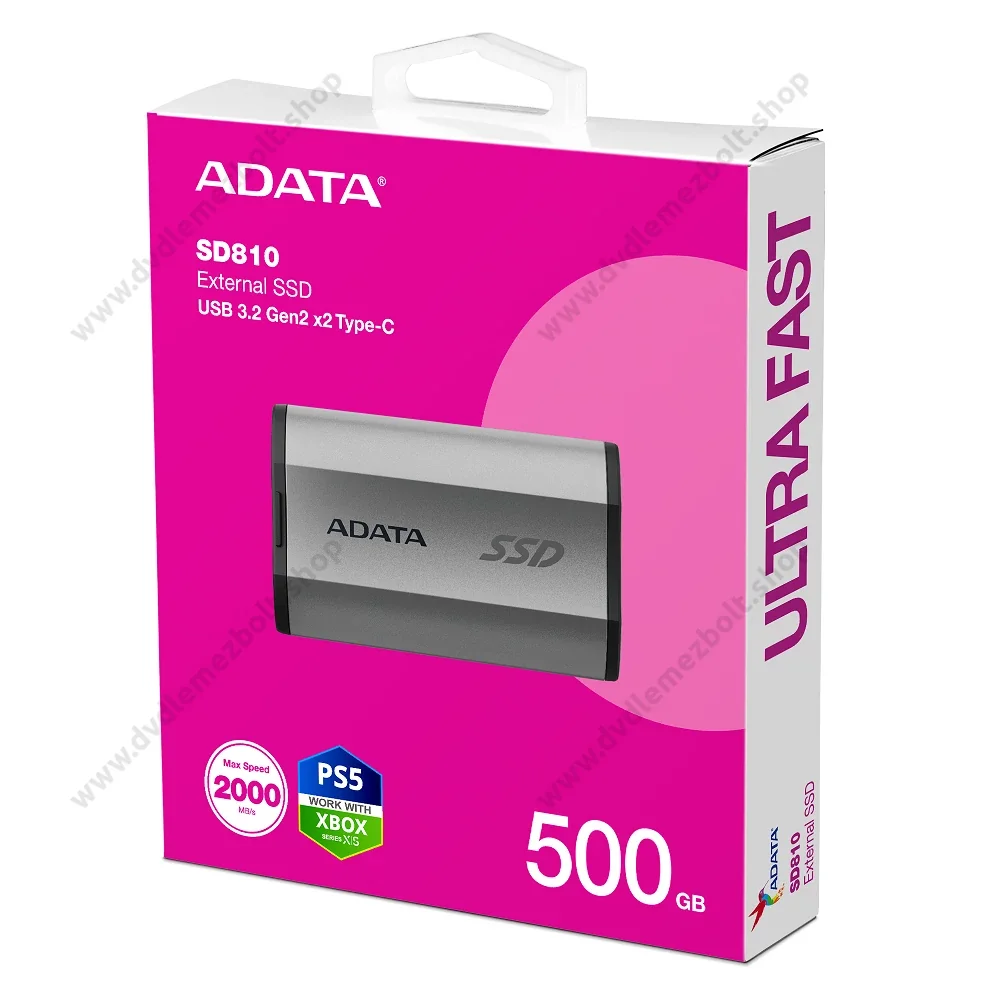 Твердотельный диск 500GB A-DATA SD810, External, USB 3.2 Type-C, [R/W -2000/2000 MB/s] серый