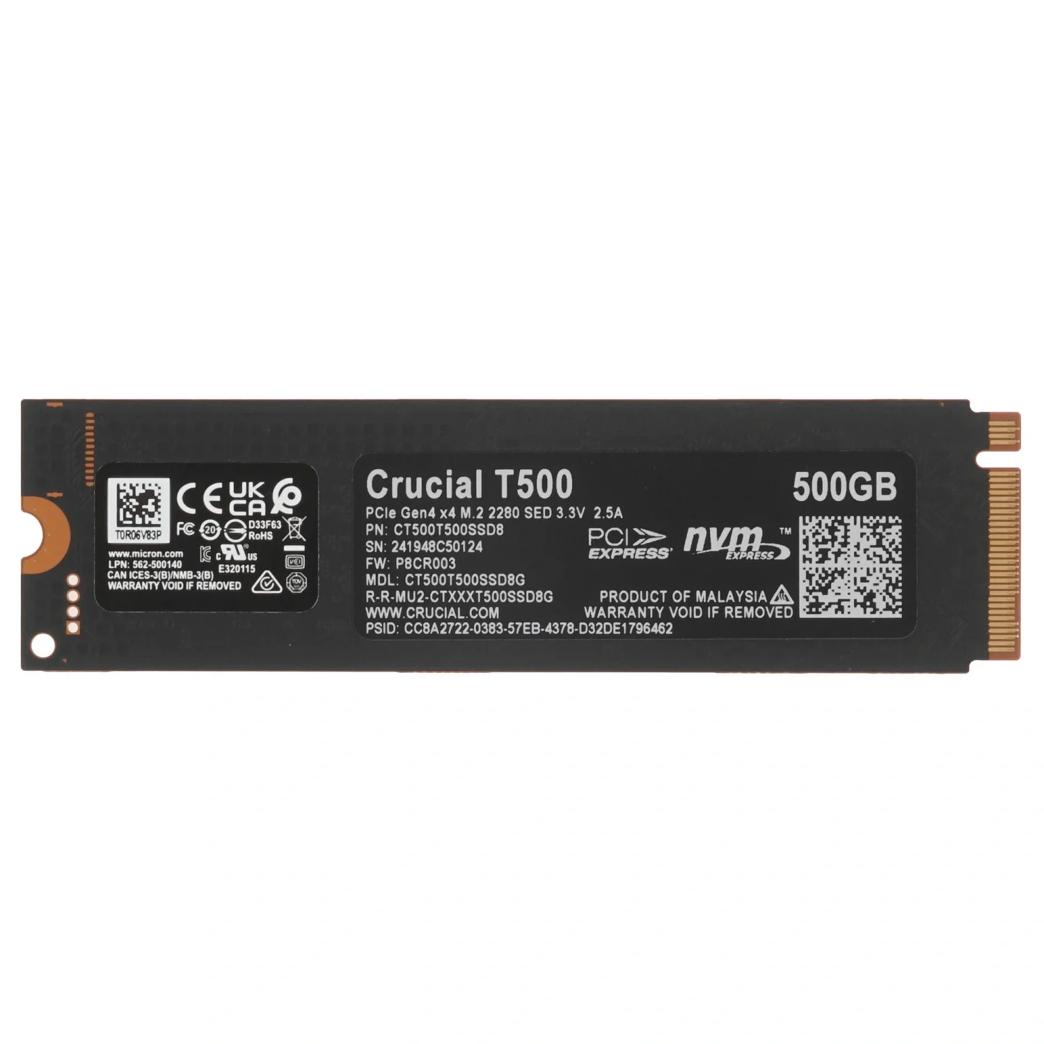 Твердотельный диск 500GB Crucial T500 M.2, PCI-E 4.0 x4  [R/W - 5700/7200 MB/s]
