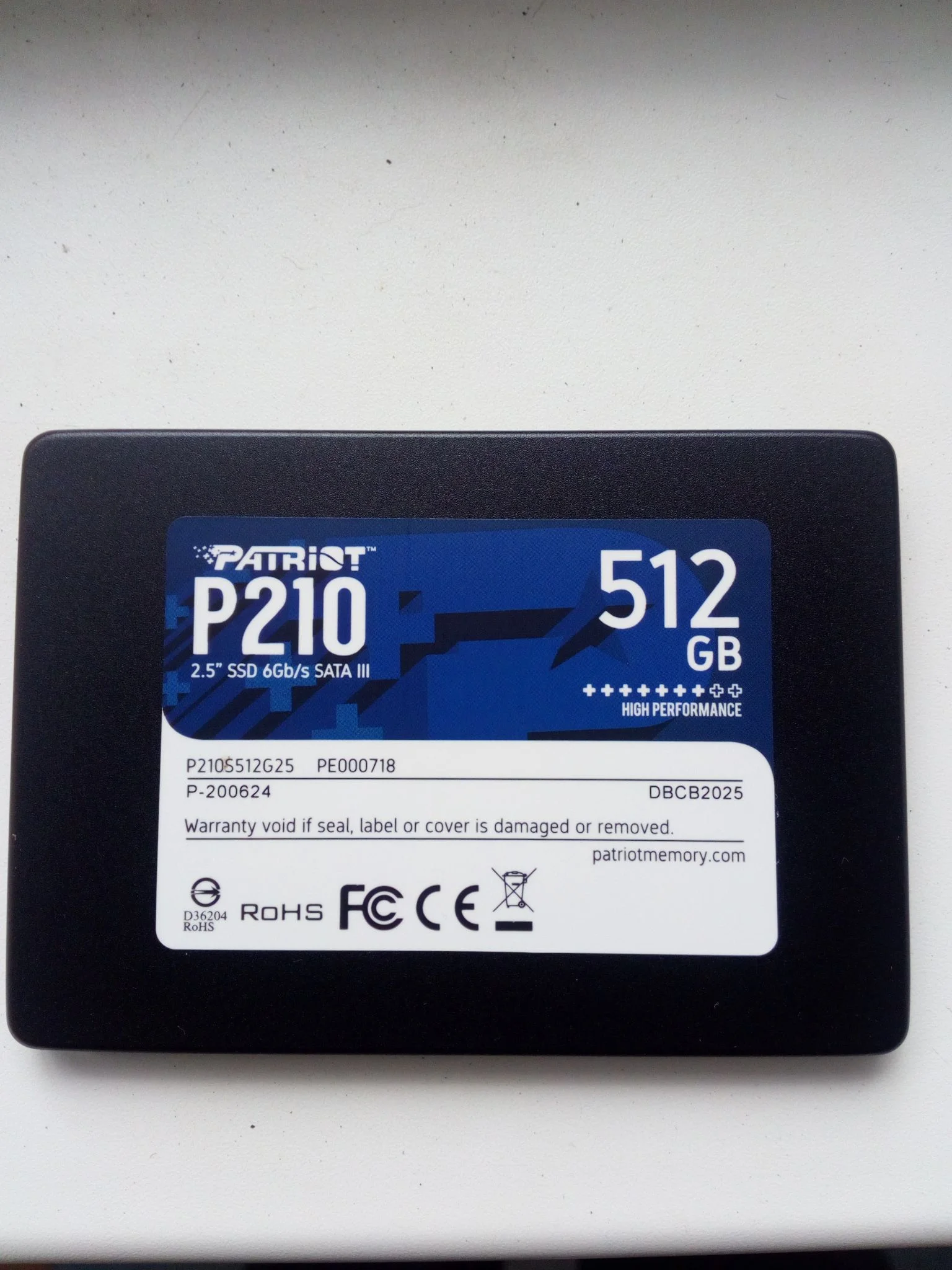 Твердотельный диск 512GB Patriot P210, 2.5", SATA III, [R/W - 520/430 MB/s]