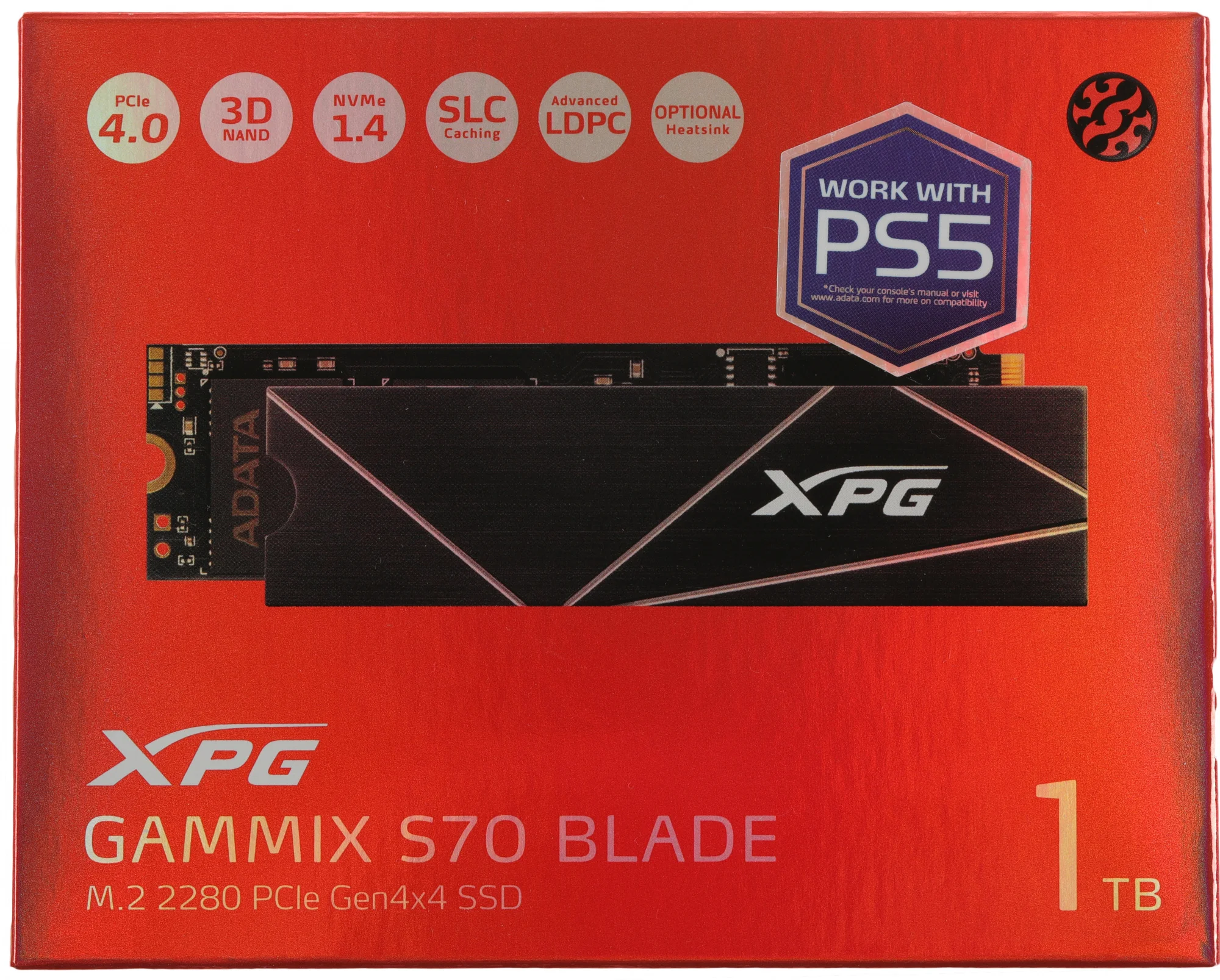 Твердотельный диск 1TB A-DATA XPG GAMMIX S70 Blade, M.2 2280, PCI-E 4x4, [R/W -7400/5500 MB/s] 3D-NAND TLC (Works PS5)
