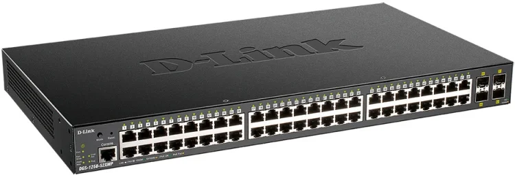 Коммутатор D-Link DGS-1250-52XMP/A1A, L2 Smart Switch with 48 10/100/1000Base-T ports and 4 10Gbase-X SFP+ ports (48 PoE ports 802.3af/802.3at (30 W),