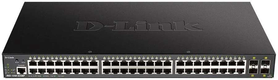 Коммутатор D-Link DGS-1250-52XMP/A1A, L2 Smart Switch with 48 10/100/1000Base-T ports and 4 10Gbase-X SFP+ ports (48 PoE ports 802.3af/802.3at (30 W),