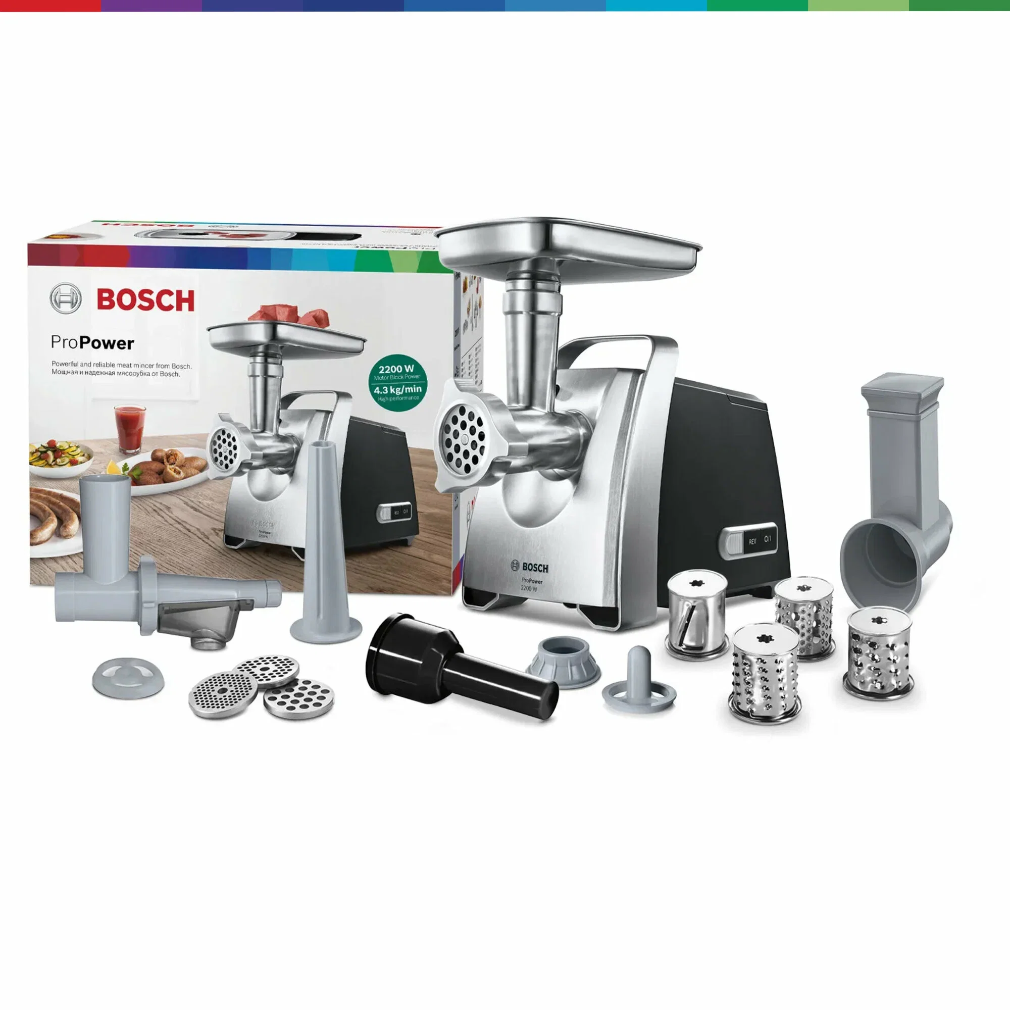 Мясорубка электрическая Bosch MFW68660 черный, 2200 Вт, 4.3 кг/мин, реверс, защита от перегрузки, металлический лоток, насадки - 10