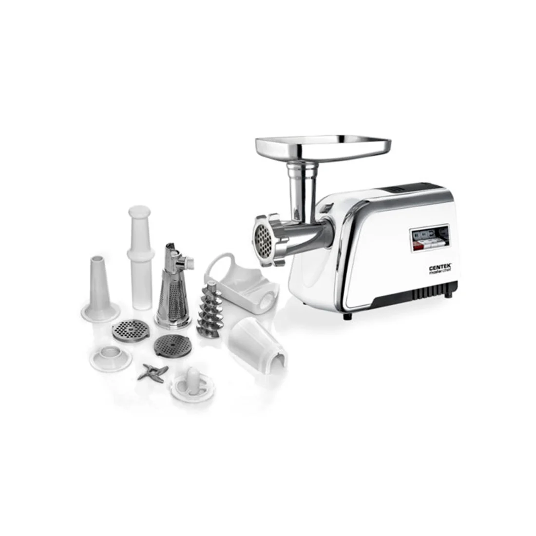 Мясорубка электрическая Centek CT-1602 Juice белый, 2000 Вт, 2.0 кг/мин, реверс, защита от перегрузки, металлический лоток, насадки - 5